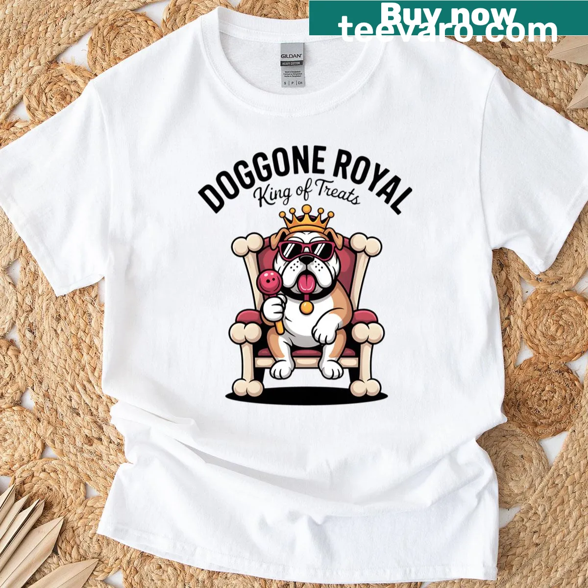 Bulldog illustration with a crown and 'King of Treats' text on t-shirt — on a men's t-shirt