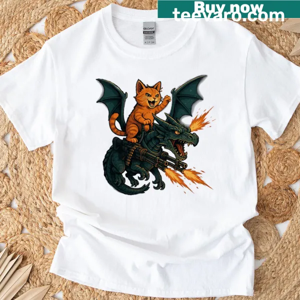 Fantasy T-shirt with a dragon rider and war cat illustration.
