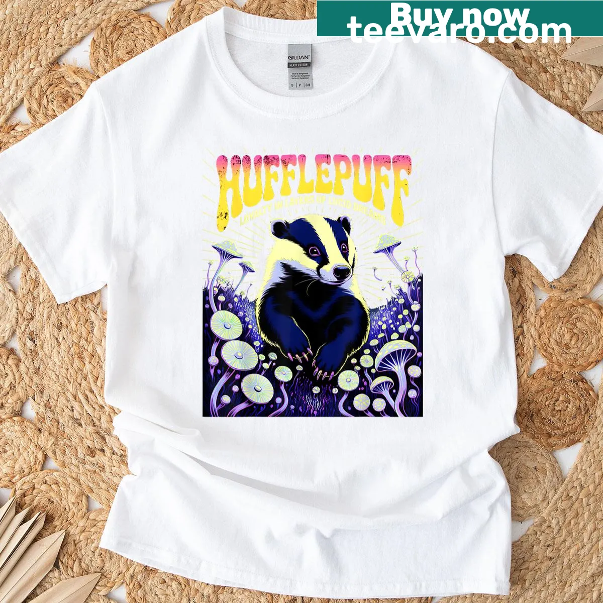 Psychedelic T-shirt with a badger and forest design. — on a men's t-shirt