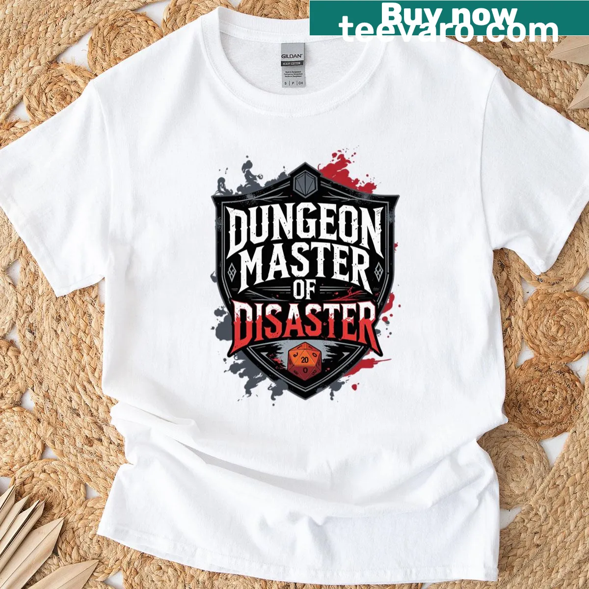 Oversized T-shirt proclaiming 'Dungeon Master of Disaster' with whimsical graphics. — on a men's t-shirt