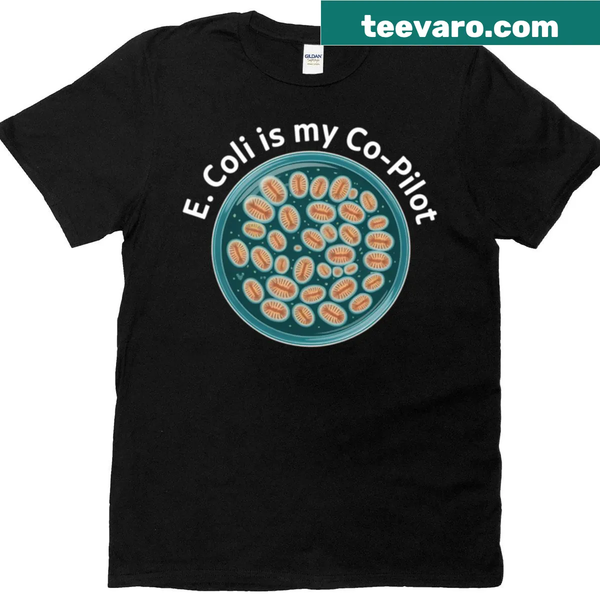 Oversized t-shirt with text saying 'E Coli Is My Co-pilot' in a humorous font — on a men's t-shirt