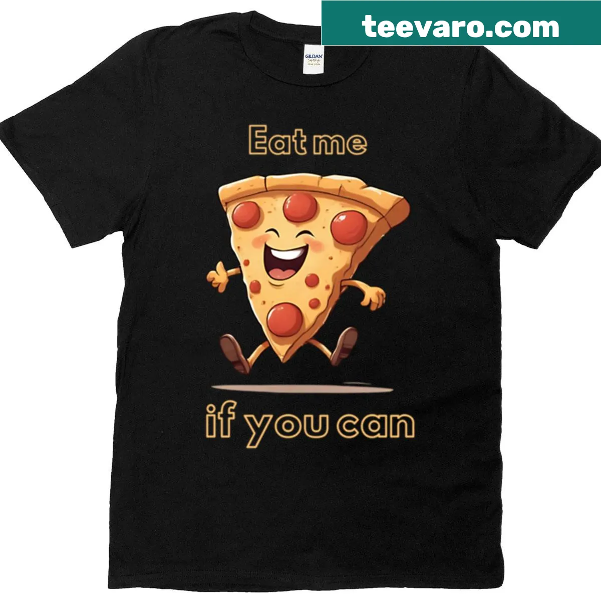 Pizza lovers T-shirt with Eat Me If You Can text — on a men's t-shirt