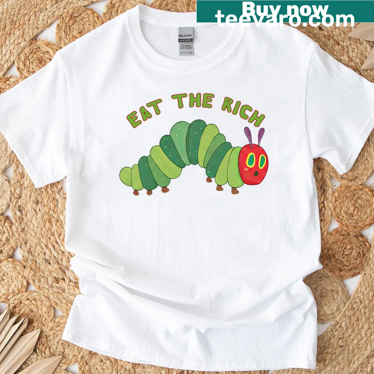 Cute t-shirt featuring 'Eat The Rich' and the Hungry Caterpillar design — on a men's t-shirt