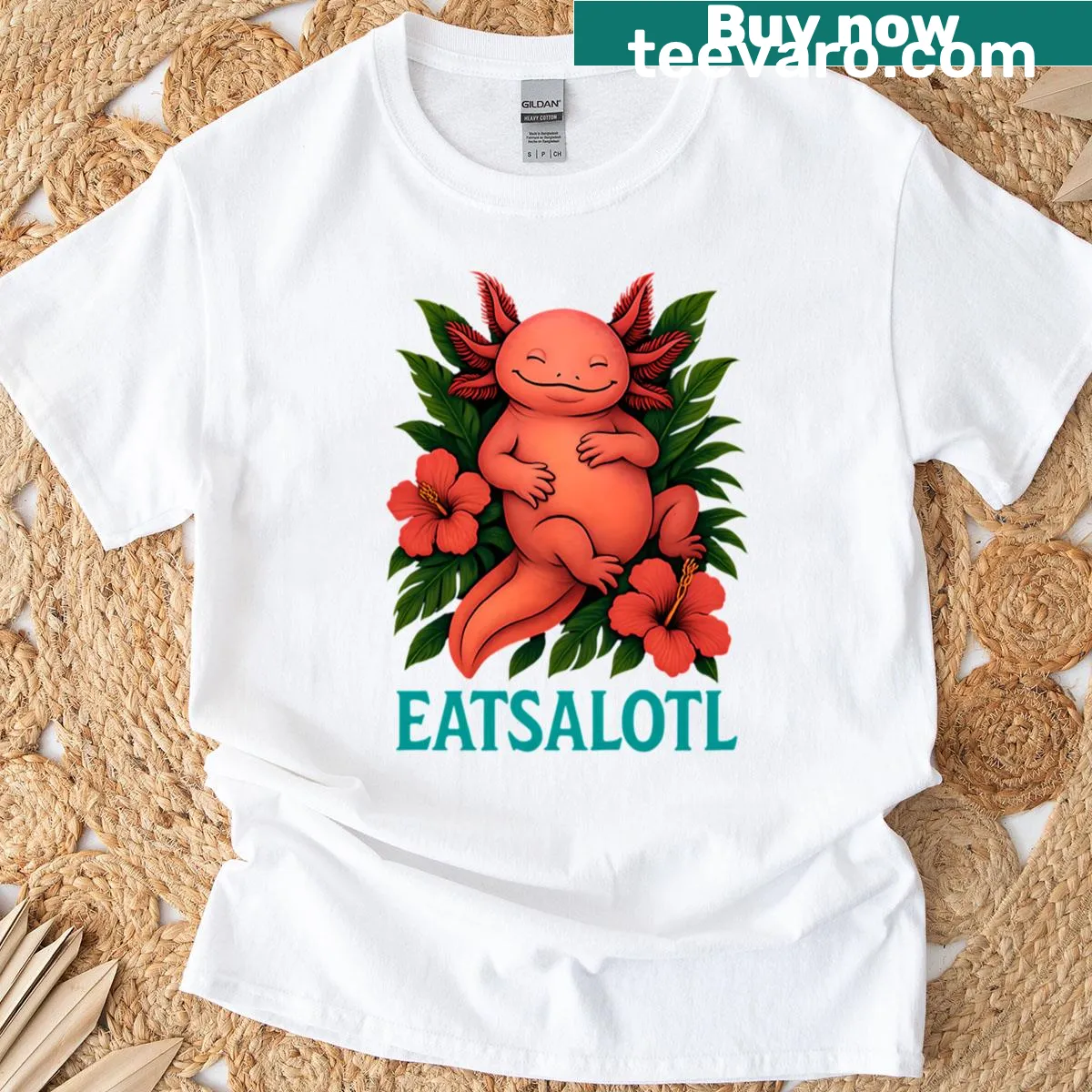 Cute axolotl T-shirt illustration with a full belly — on a men's t-shirt