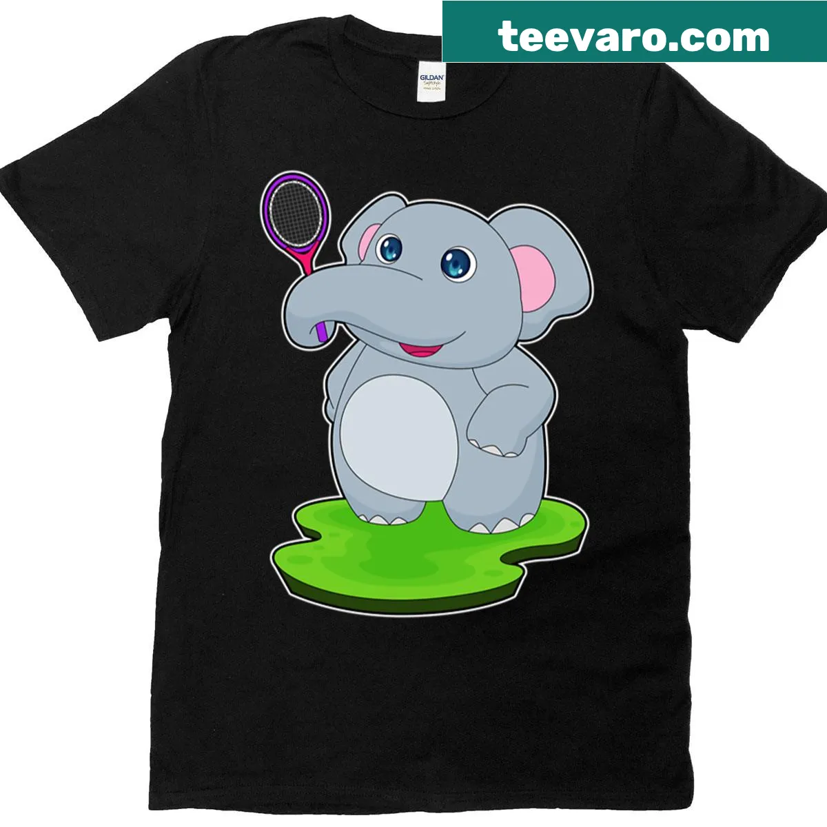 T-shirt with an illustration of an elephant playing tennis — on a men's t-shirt