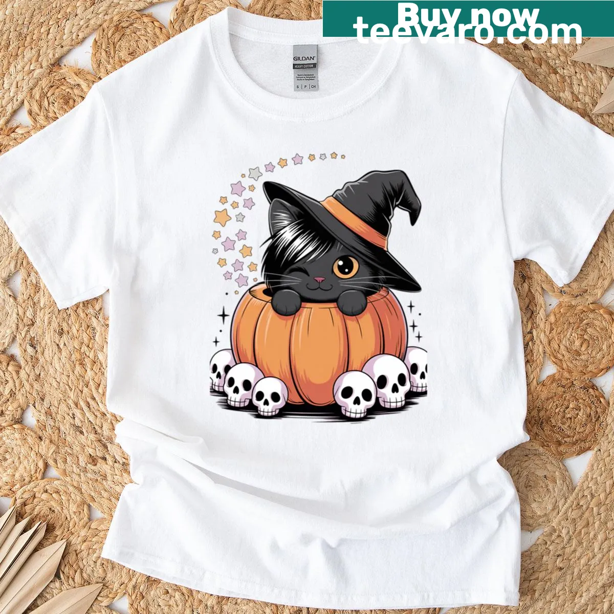 Cute Halloween T-shirt featuring an emo witch cat illustration — on a men's t-shirt