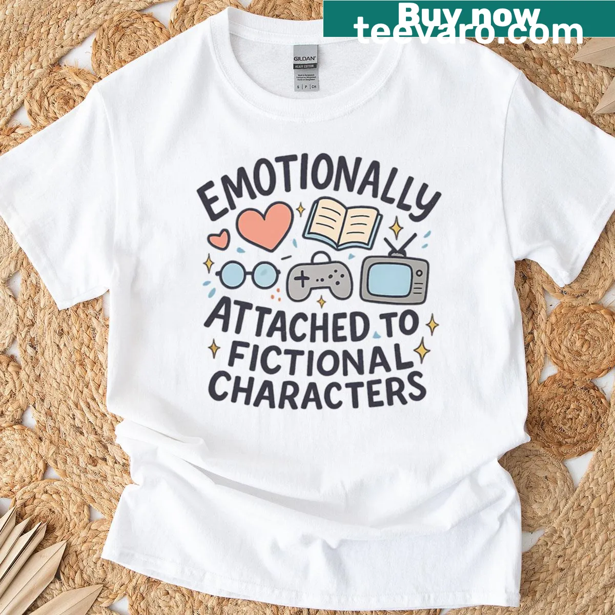 Humorous t-shirt about fictional character attachment — on a men's t-shirt