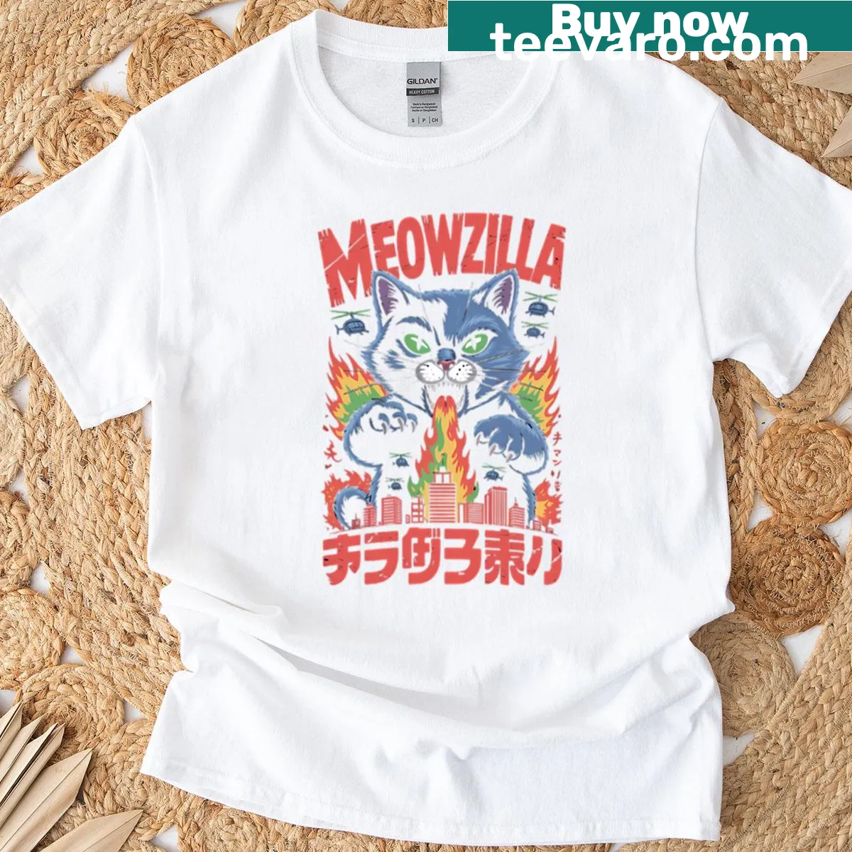 Vintage-style T-shirt featuring a humorous monster cat design inspired by Godzilla — on a men's t-shirt