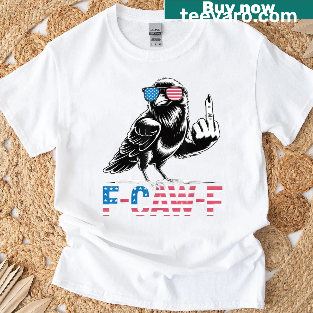 T-shirt featuring a raven with sunglasses making a cheeky gesture — on a men's t-shirt