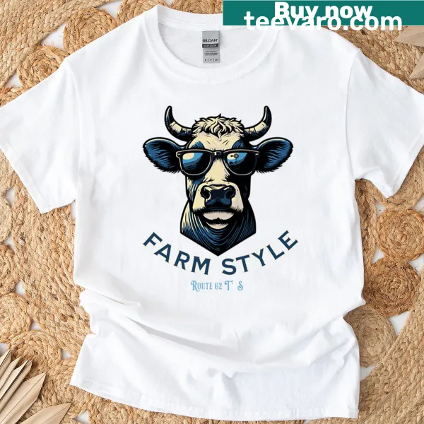Cheerful cow graphic on a shirt celebrating farm life