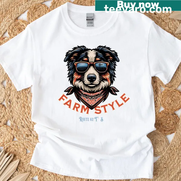 Illustrated T-shirt featuring a shepherd dog in a farm setting