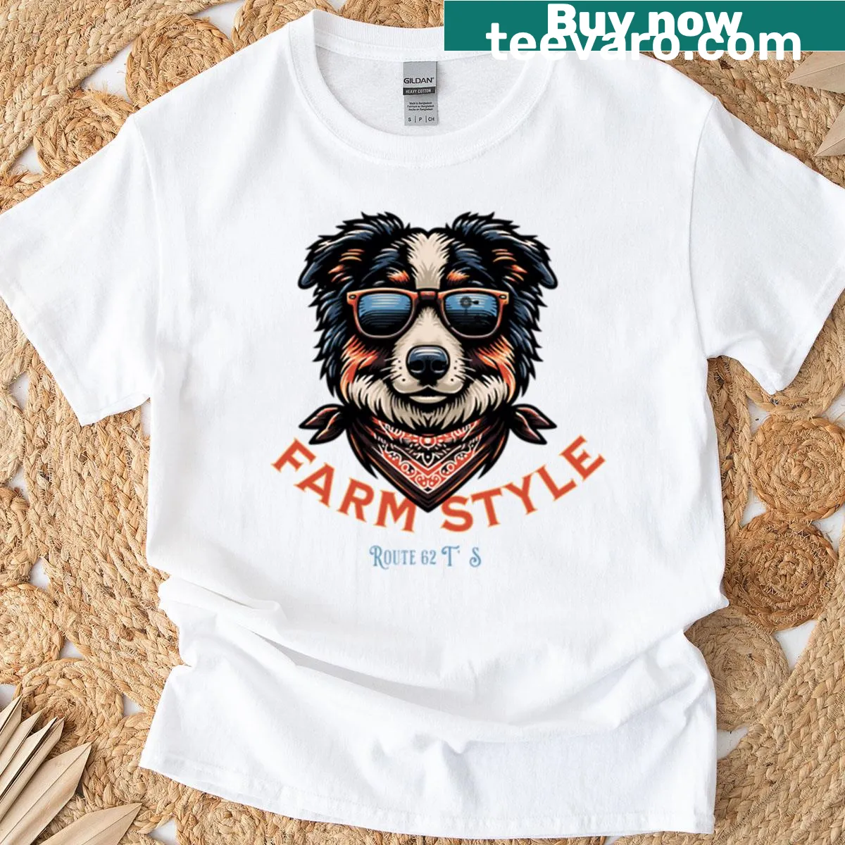 Illustrated T-shirt featuring a shepherd dog in a farm setting — on a men's t-shirt