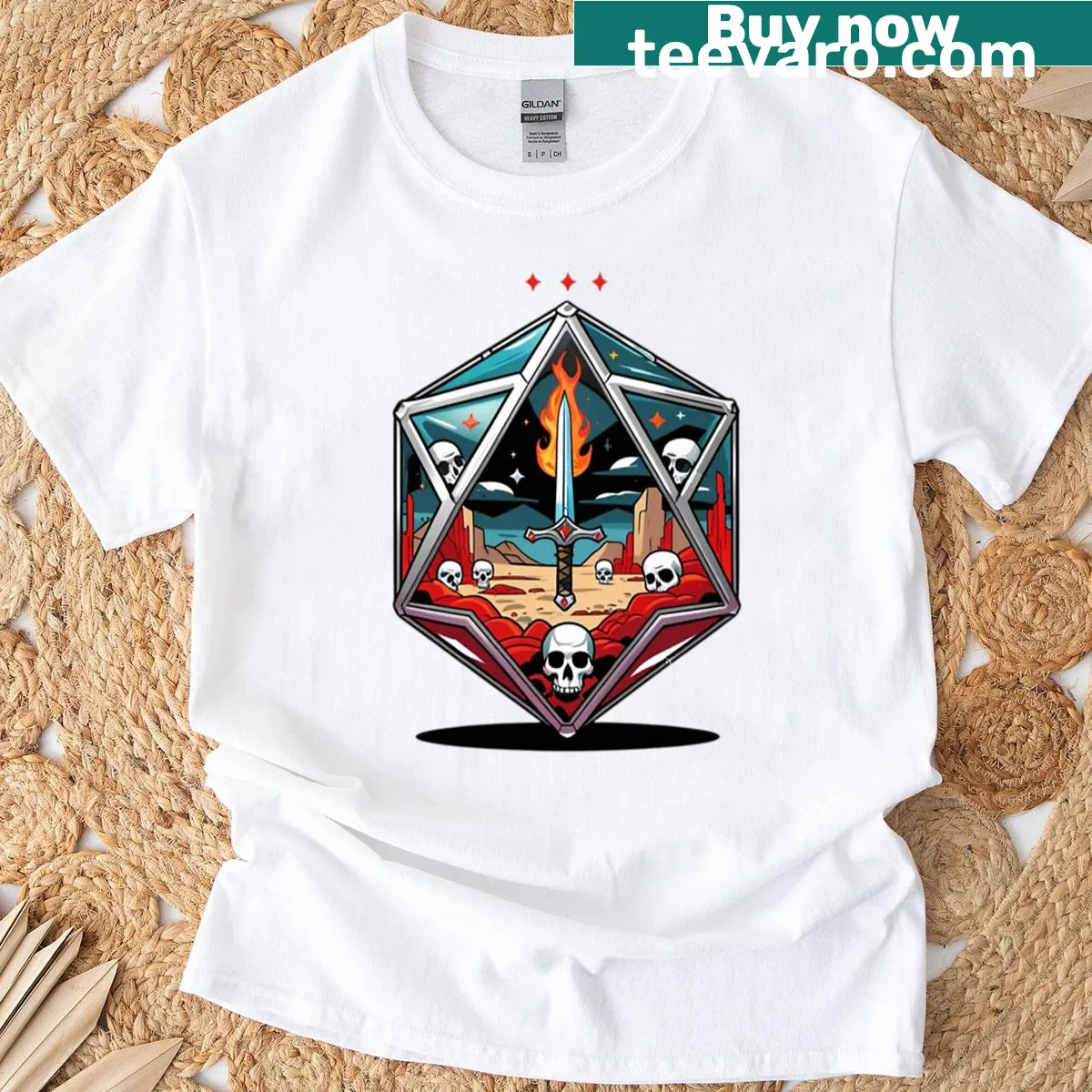 Fighter-themed dice graphic on a gaming T-shirt — on a men's t-shirt