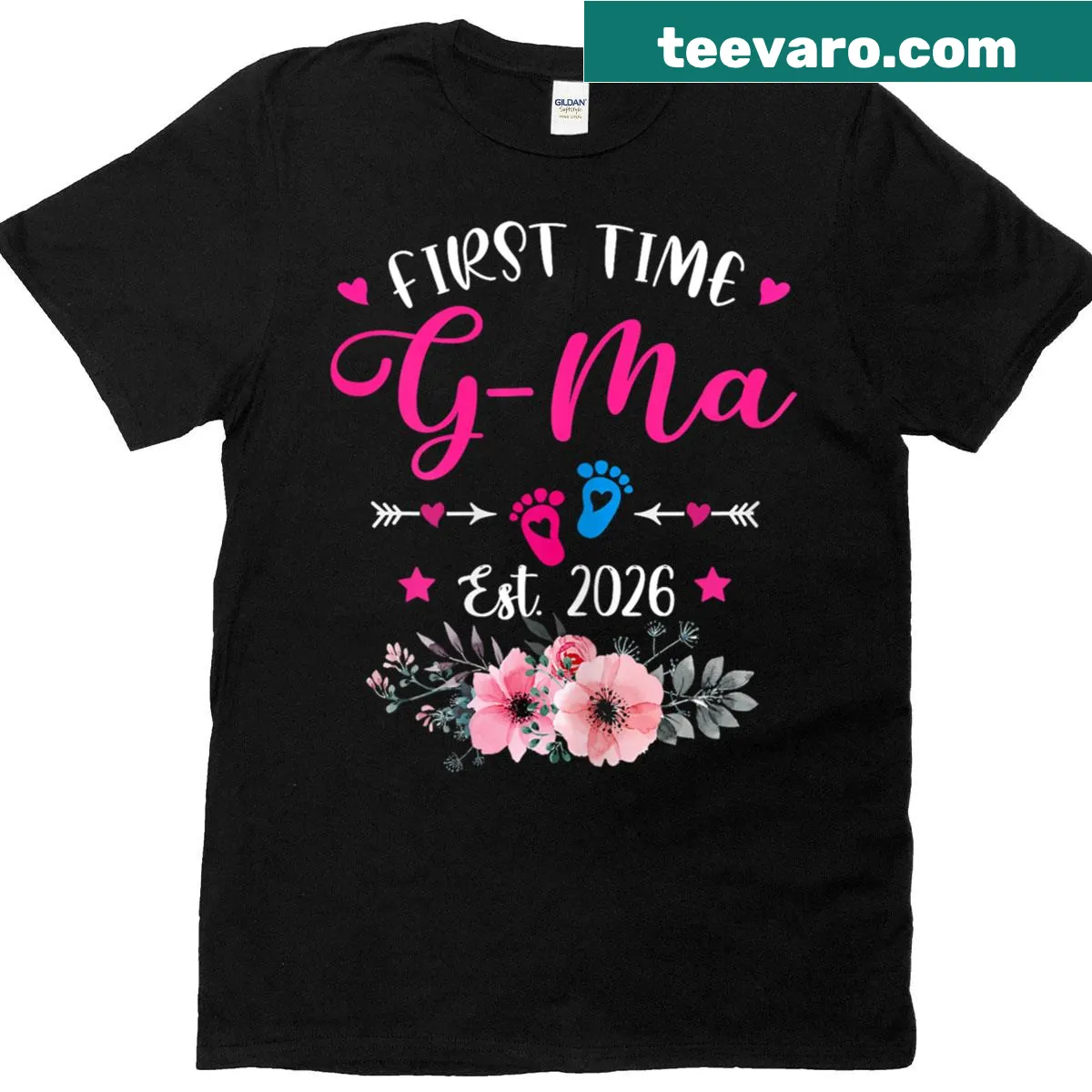 Floral t-shirt for a first-time grandmother with 'First Time G-ma Est 2026' — on a men's t-shirt