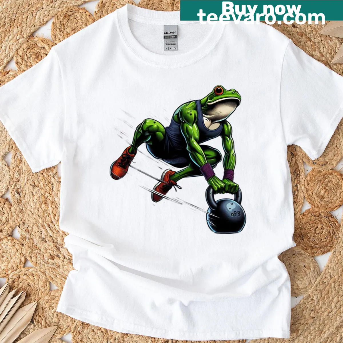 T-shirt featuring a cartoon frog mid-leap, representing fitness and fun — on a men's t-shirt