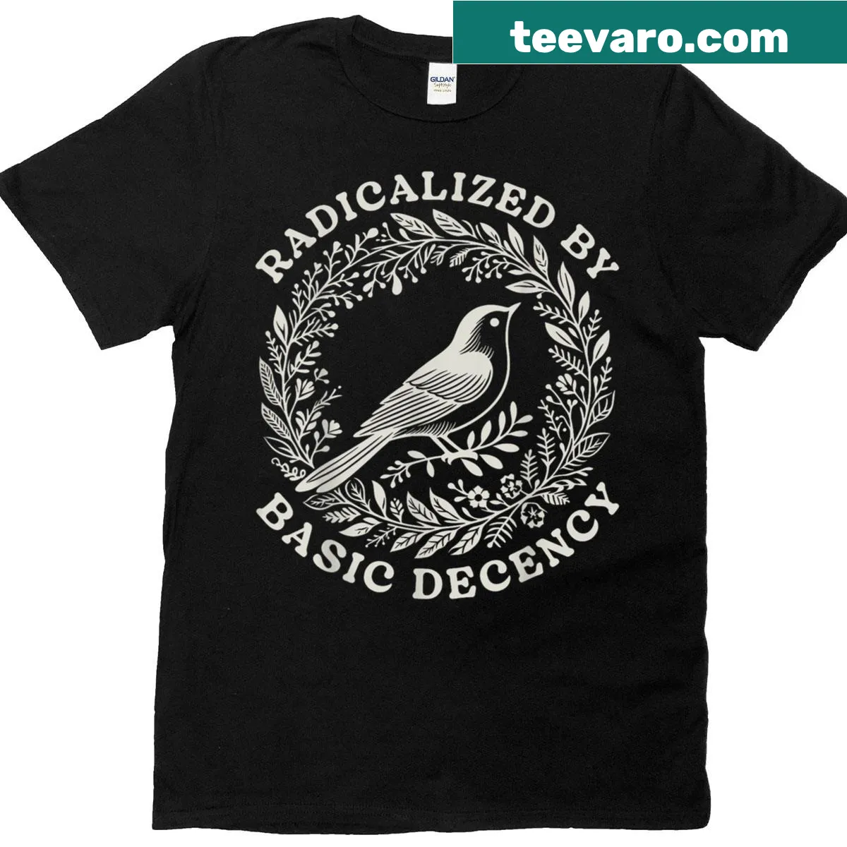 Floral design with a humorous slogan about decency and democracy. — on a men's t-shirt