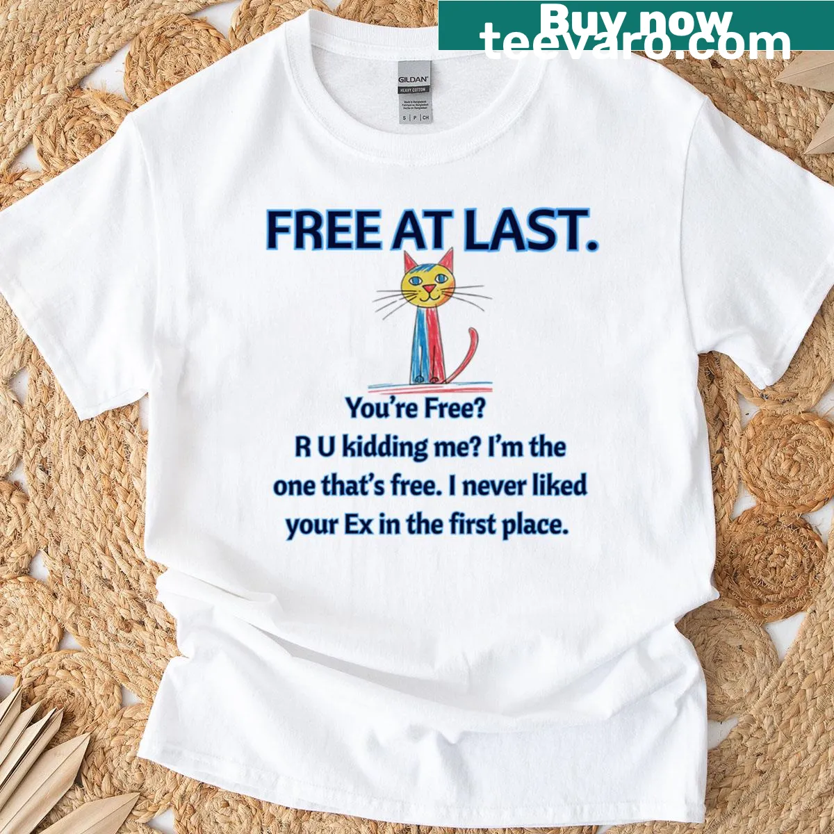 Oversized T-shirt featuring a sassy cat with the phrase Free At Last — on a men's t-shirt