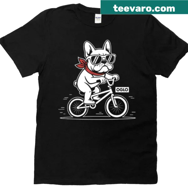 Whimsical retro French Bulldog cycling graphic on oversized t-shirt