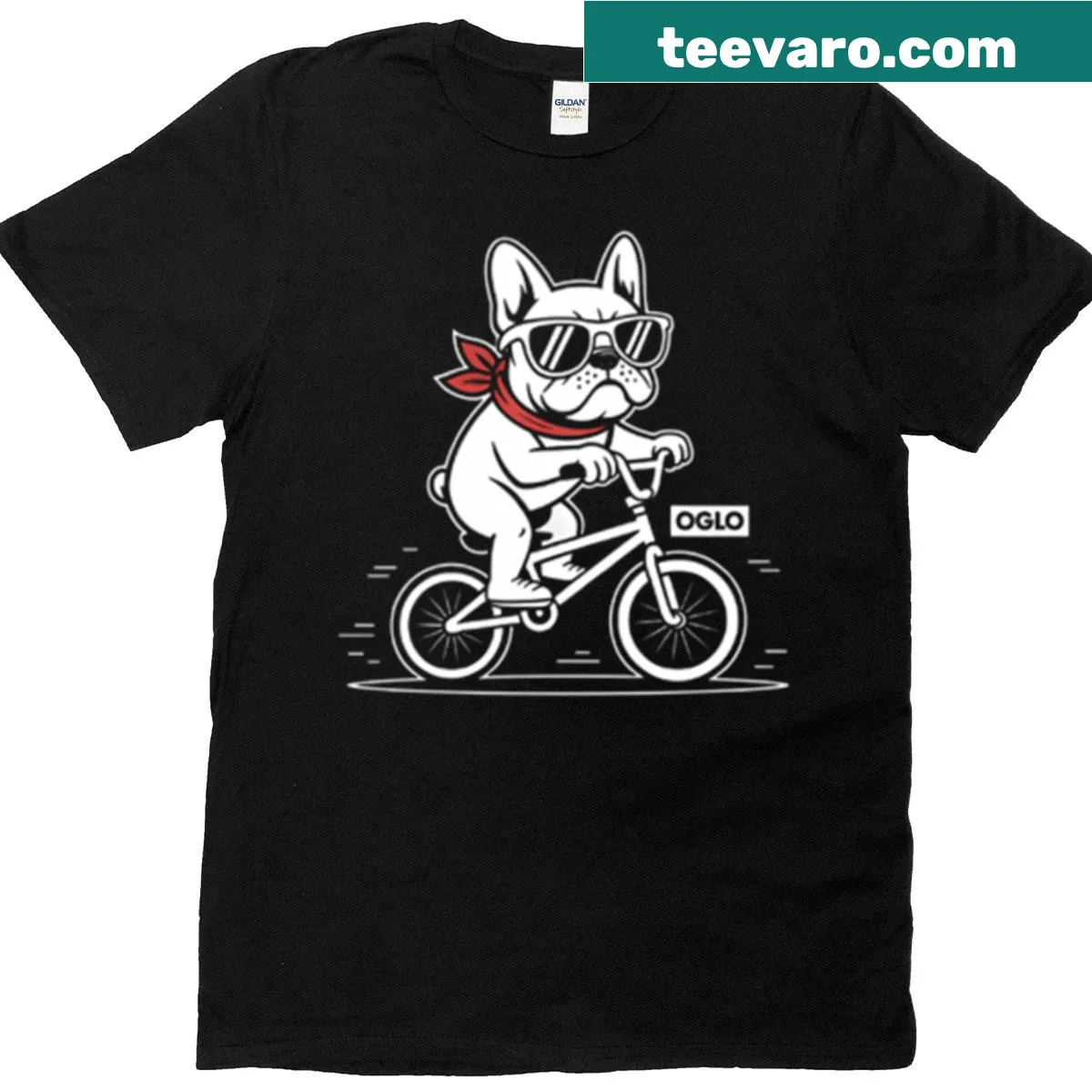 Whimsical retro French Bulldog cycling graphic on oversized t-shirt — on a men's t-shirt