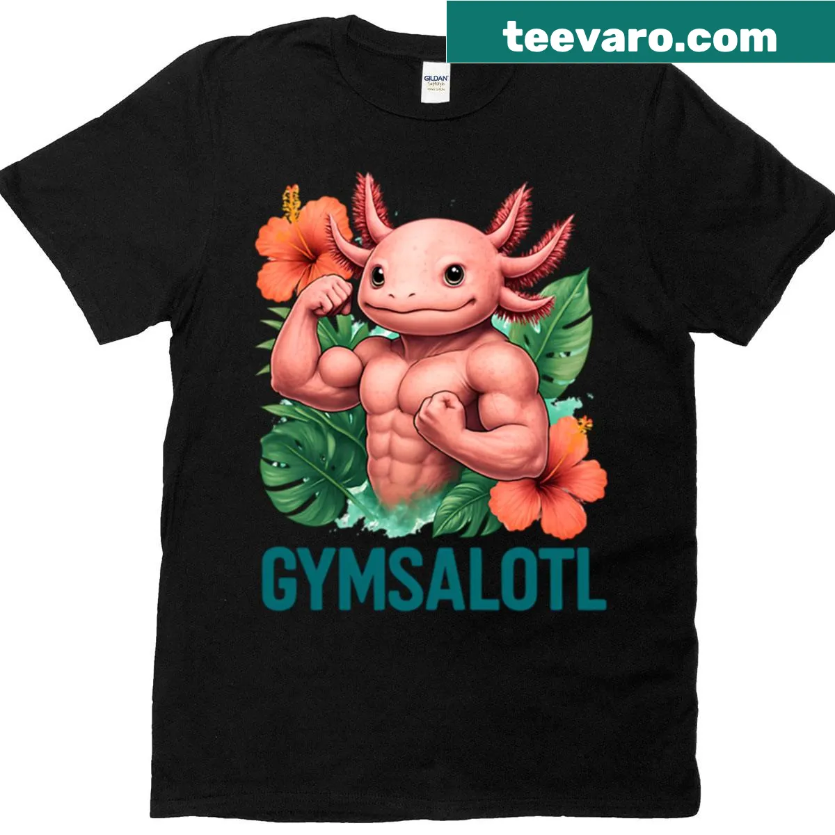 Illustration of a muscular axolotl with the word Gymsalotl for gym lovers — on a men's t-shirt