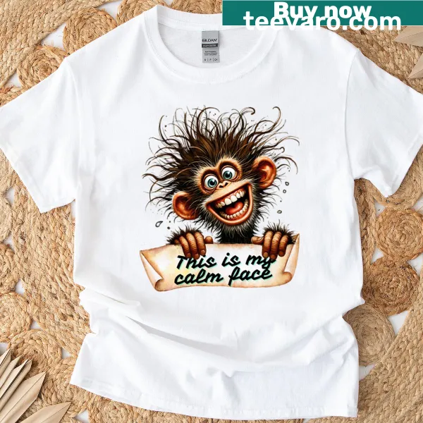 Illustration of a quirky smiling monkey holding a poster on a t-shirt
