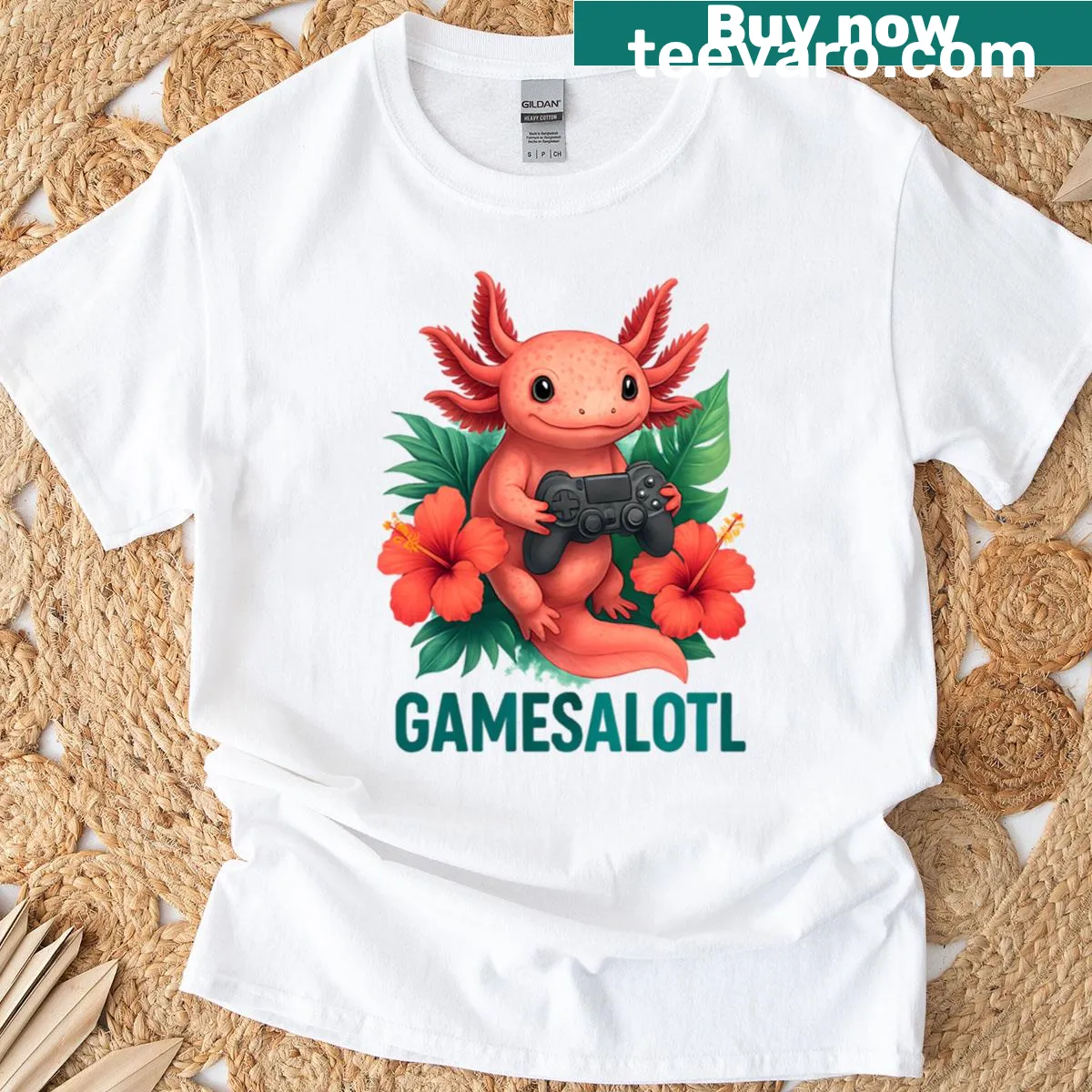 Cute axolotl graphic with humorous gaming pun on t-shirt — on a men's t-shirt