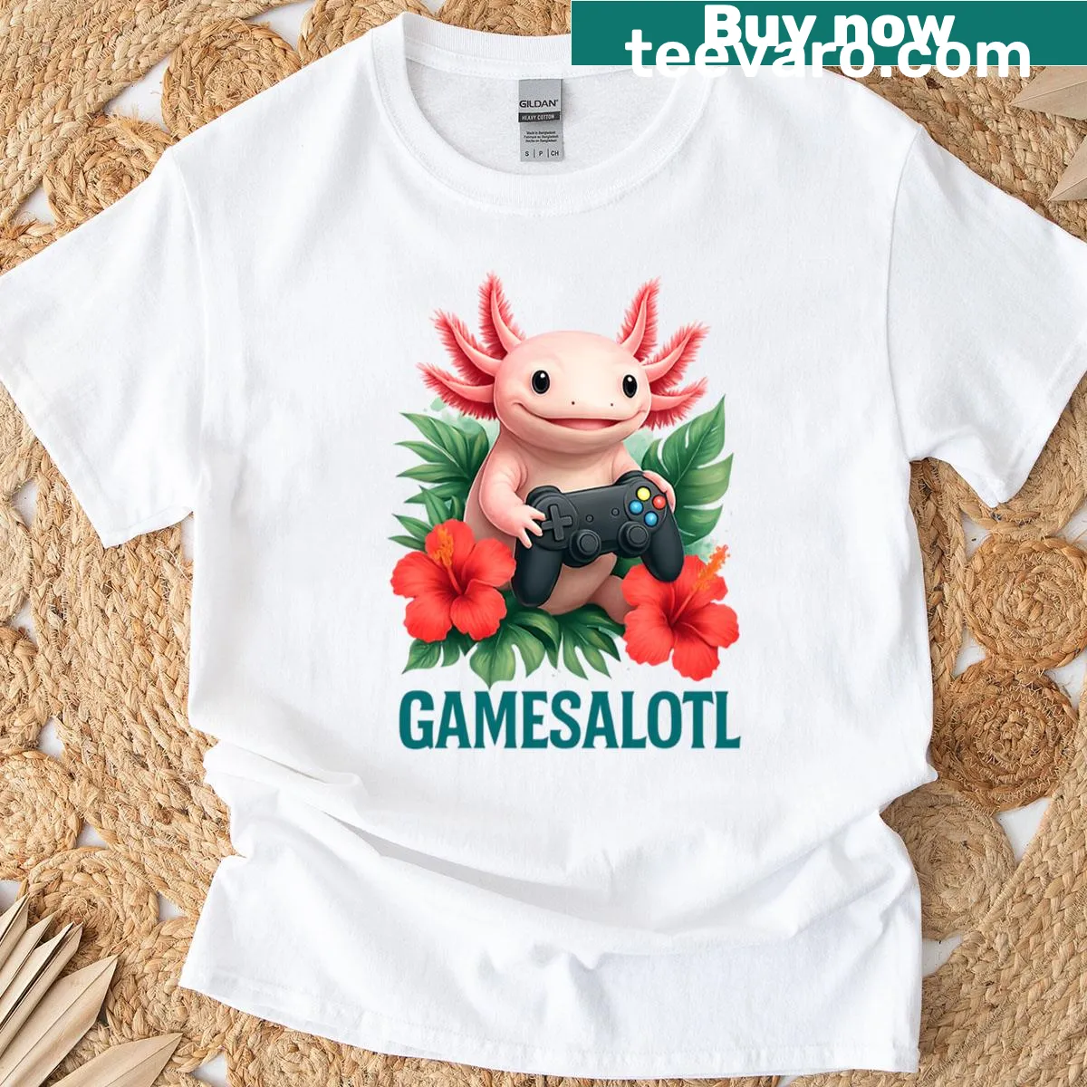Oversized t-shirt with axolotl and gaming design — on a men's t-shirt