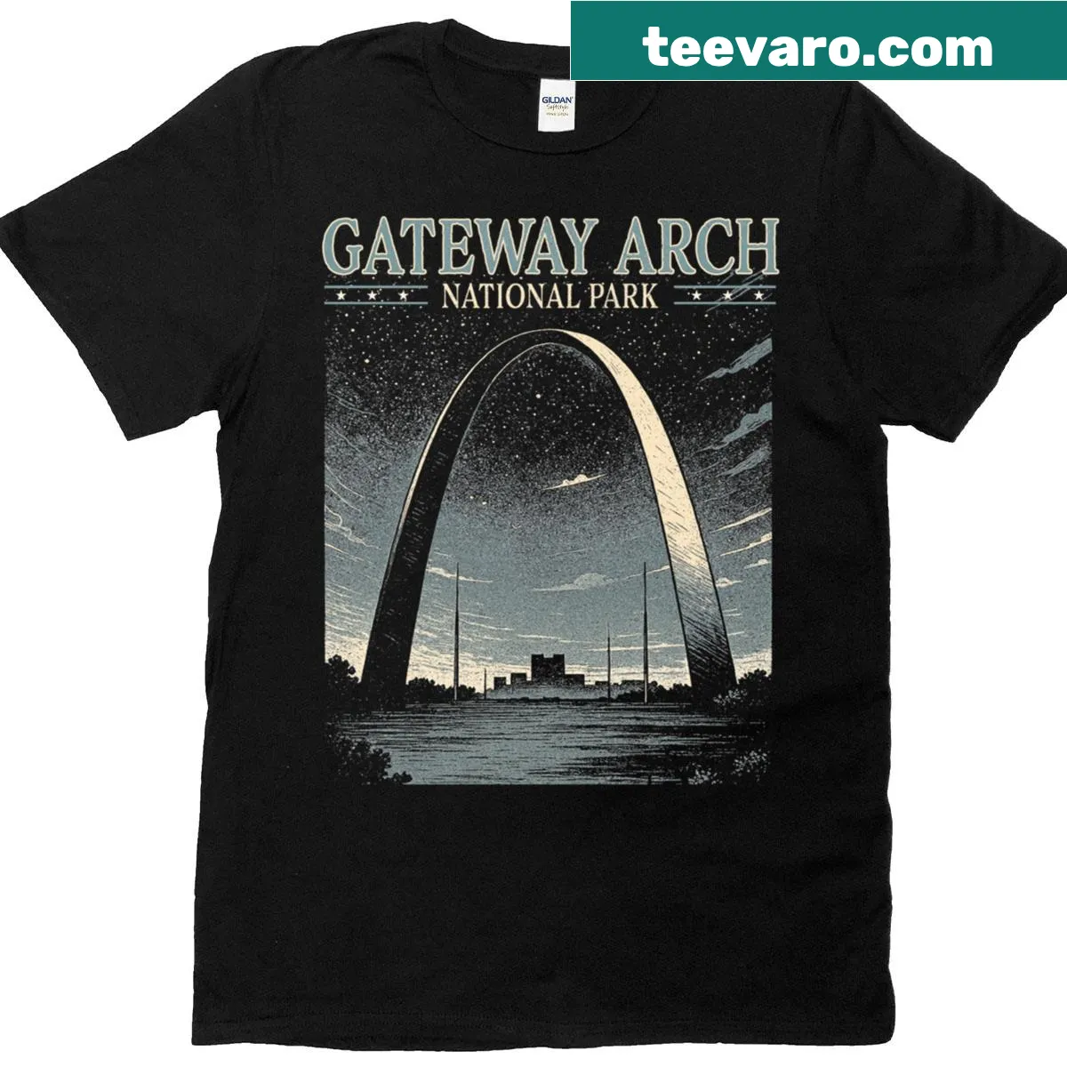 Illustrated Gateway Arch design on a nature lover's t-shirt — on a men's t-shirt