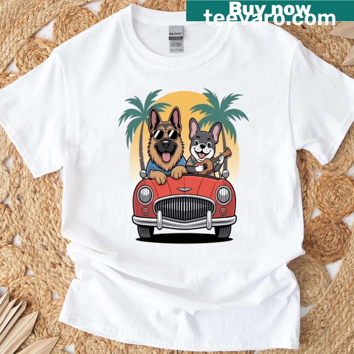 Retro T-shirt featuring German Shepherd and French Bulldog graphic — on a men's t-shirt