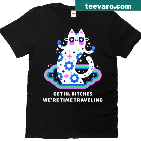 T-shirt with psychedelic time traveling cat graphic