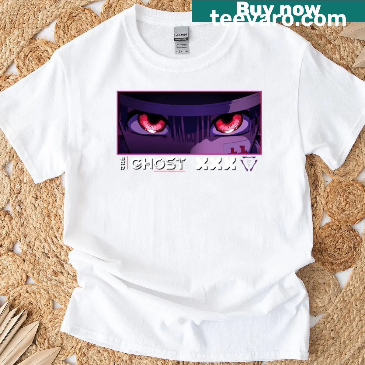 Oversized t-shirt featuring anime-style ghostly eyes design — on a men's t-shirt