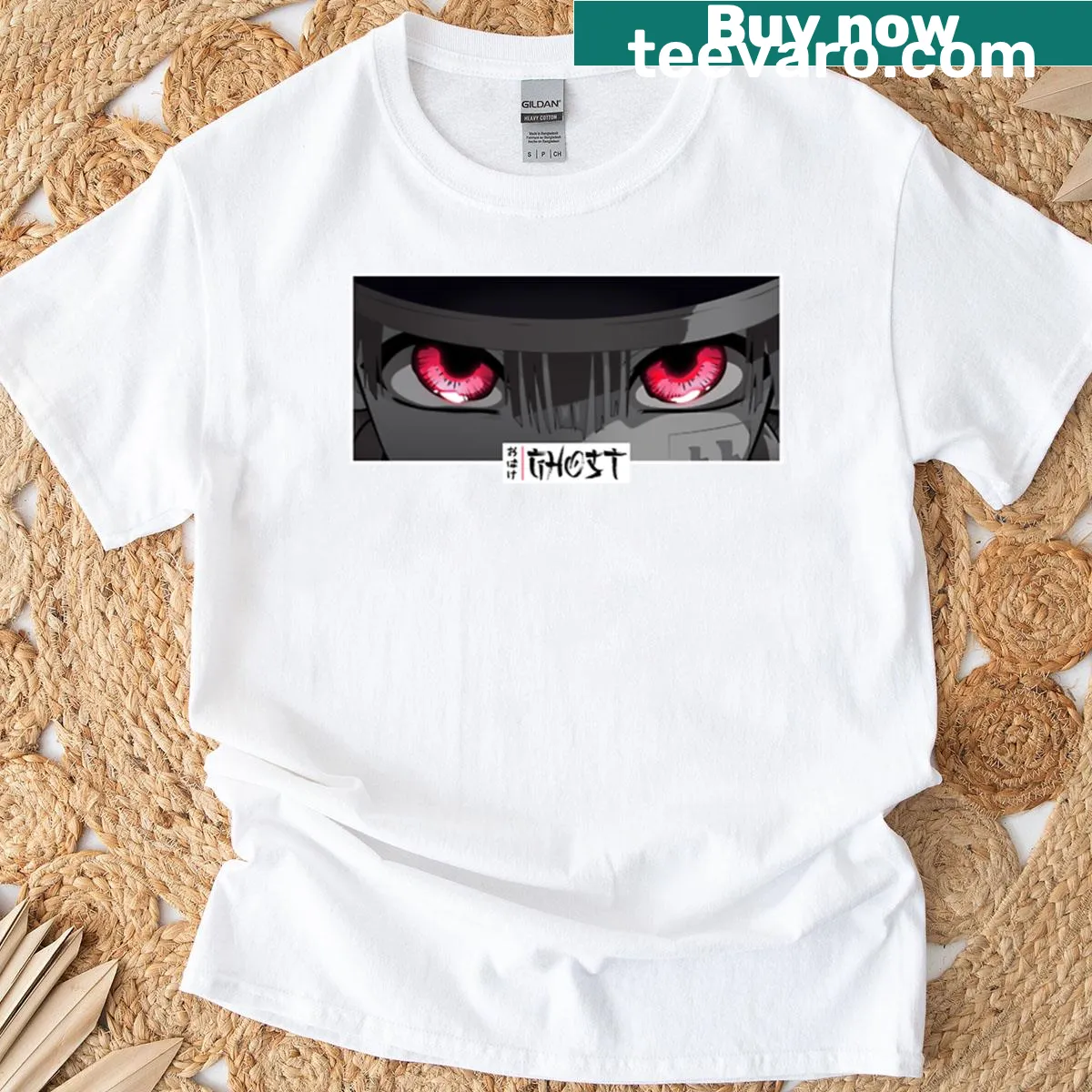 Monochrome T-shirt featuring ghostly anime eyes in a cozy style — on a men's t-shirt