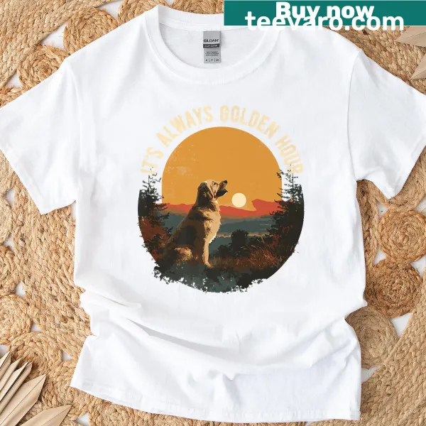 Vintage-style Golden Retriever shirt with sunset graphic