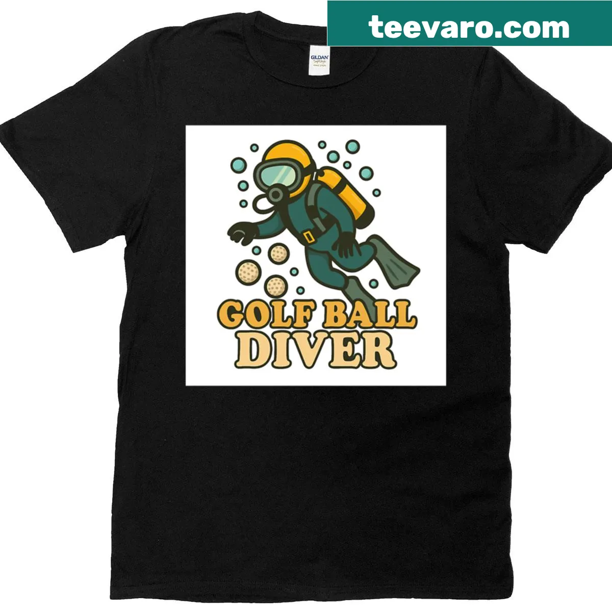 Illustration of a golf ball diver featuring humorous text — on a men's t-shirt