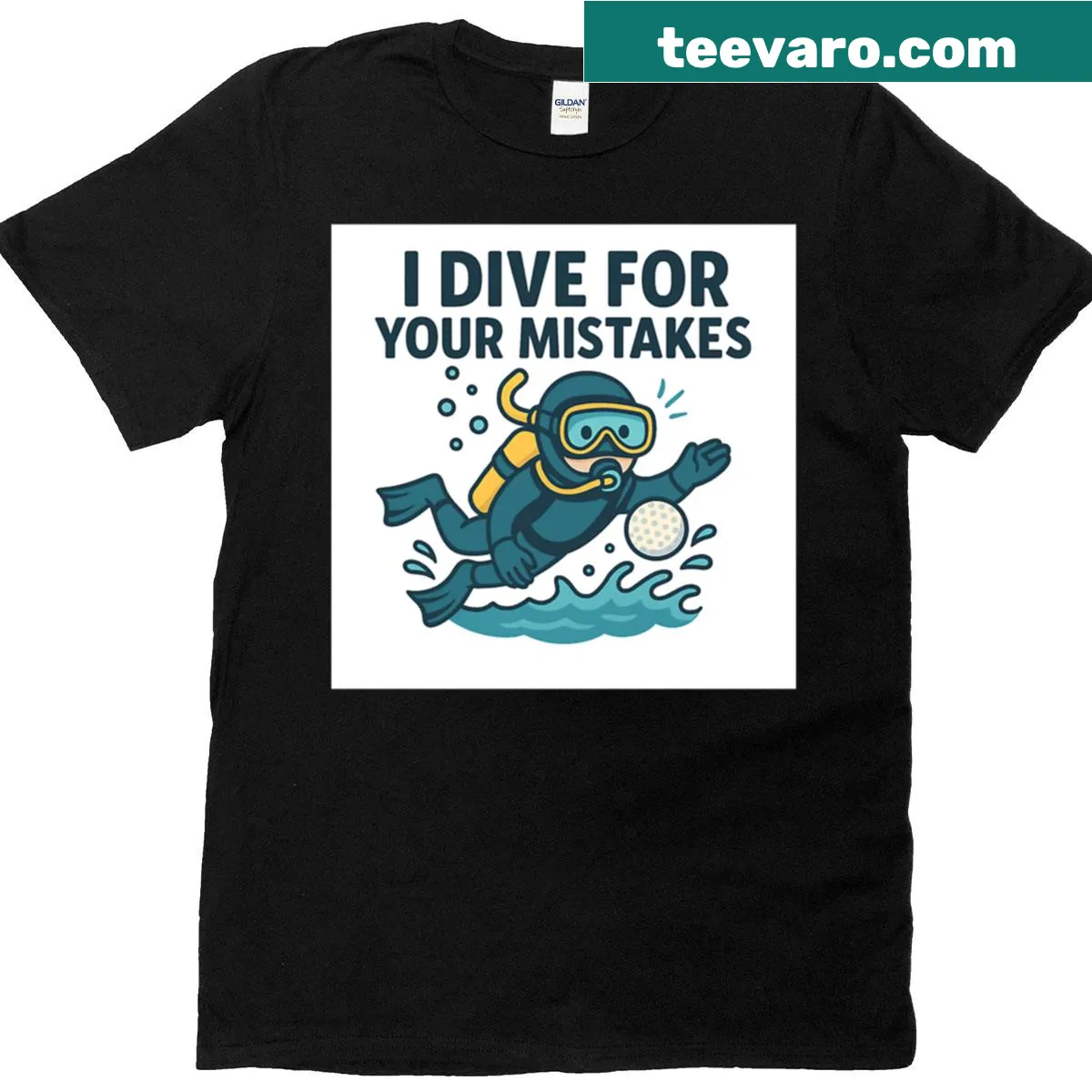 Humorous golf ball diver t-shirt with witty text — on a men's t-shirt