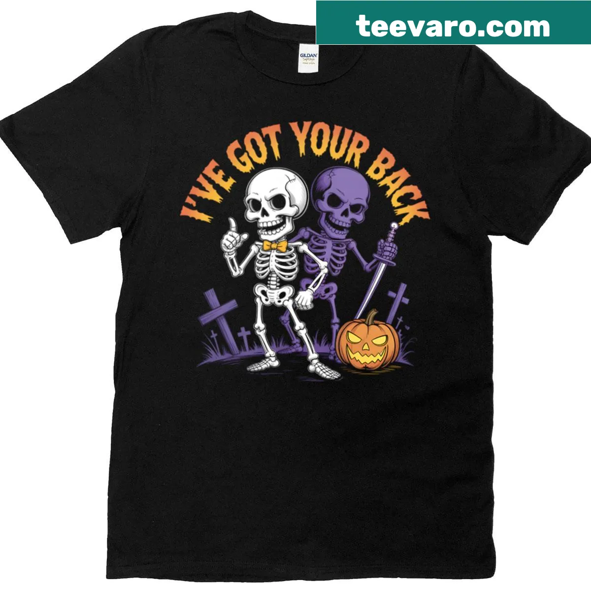 Back-to-back skeletons with humorous text on a Halloween t-shirt — on a men's t-shirt