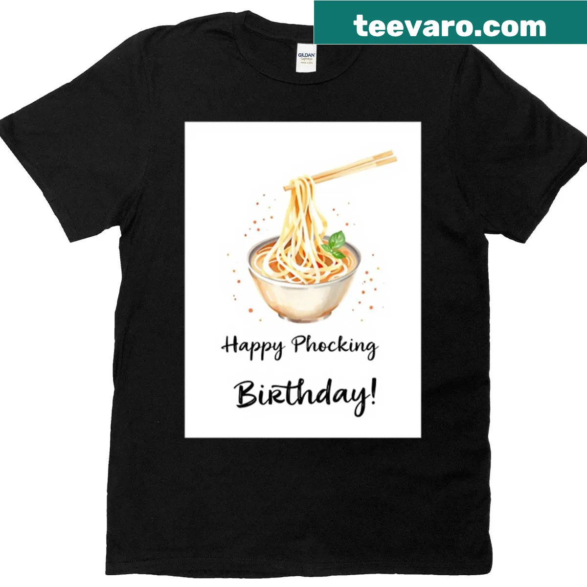 Cute birthday t-shirt with pho soup graphic and humorous text — on a men's t-shirt