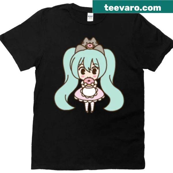 Pusheen dressed as Hatsune Miku in a playful cartoon graphic