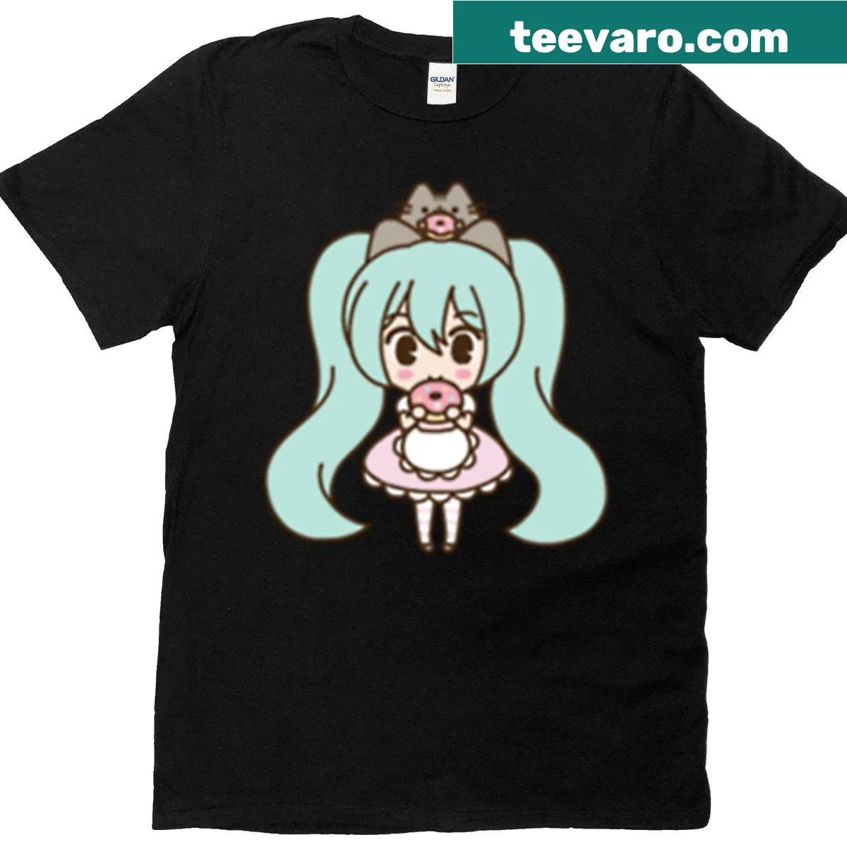 Pusheen dressed as Hatsune Miku in a playful cartoon graphic — on a men's t-shirt
