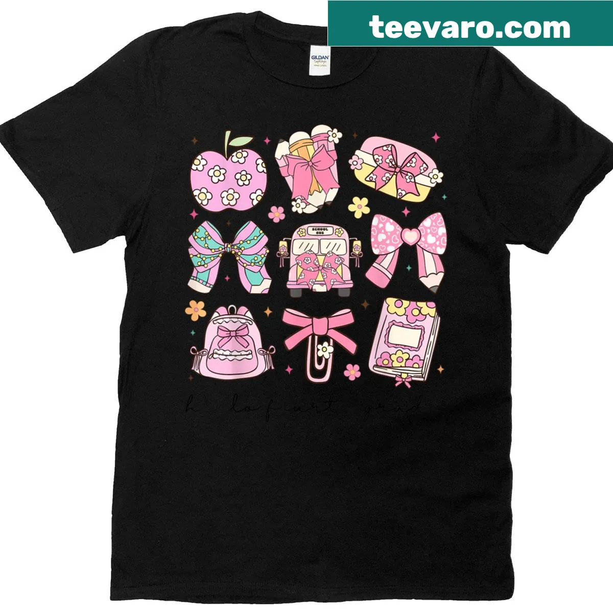 Cute back-to-school T-shirt with 'Hello Fourth Grade' and bow graphic — on a men's t-shirt