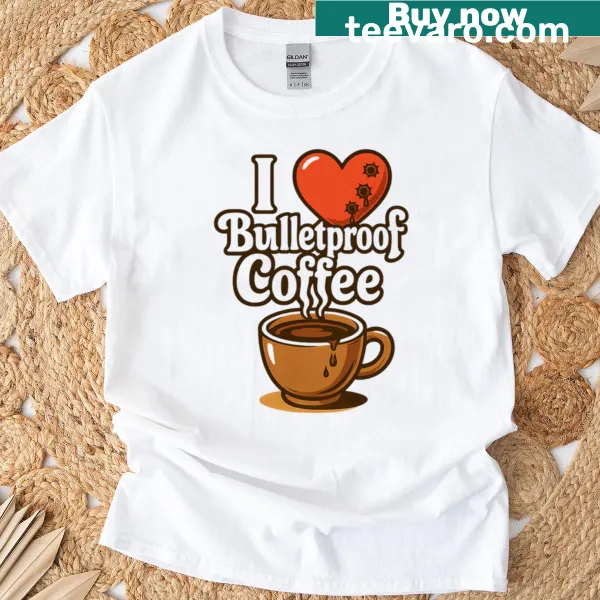 Oversized t-shirt with text: I Bulletproof Coffee Strong Brew Stronger Soul