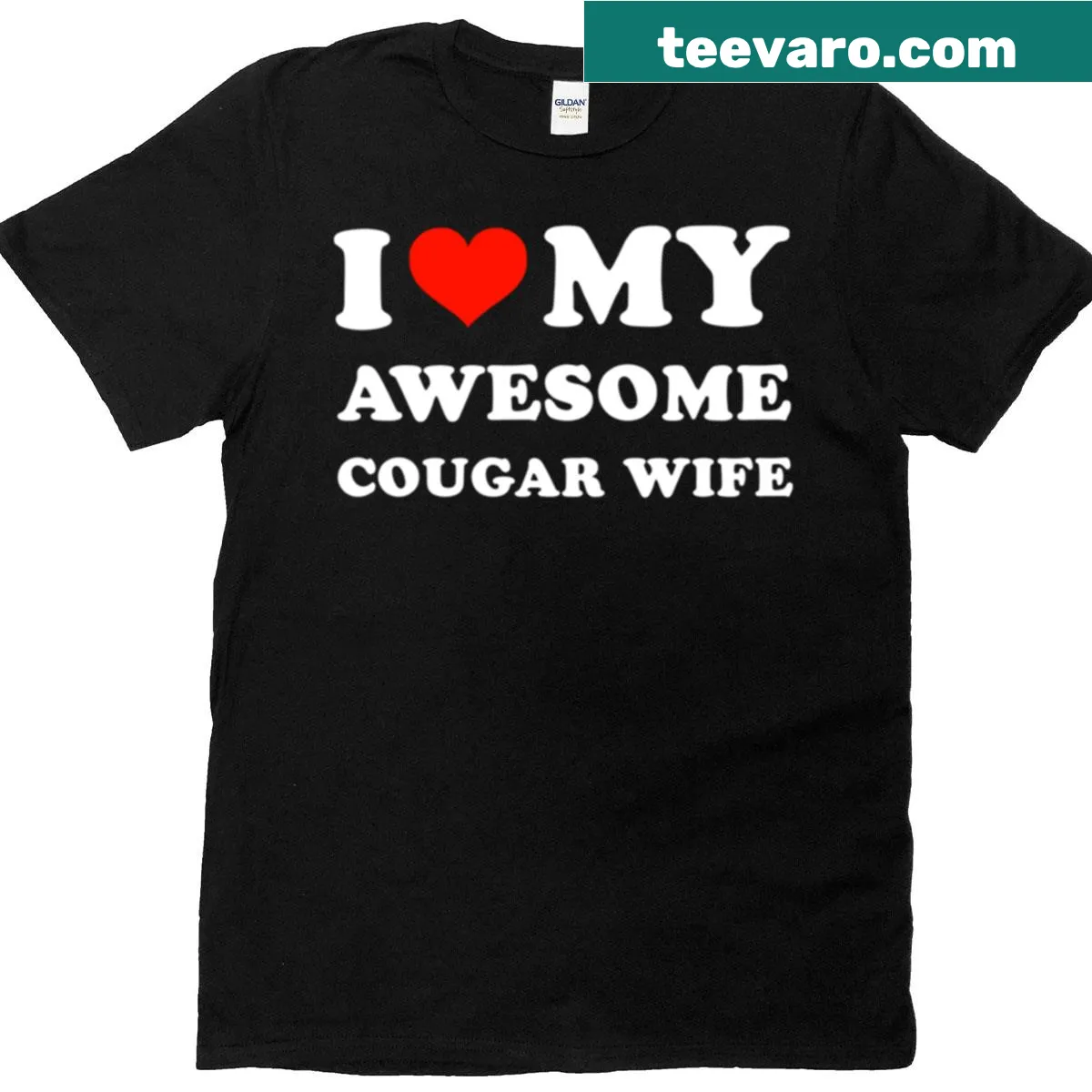 Graphic t-shirt featuring a heart design that says I Heart My Awesome Cougar Wife — on a men's t-shirt