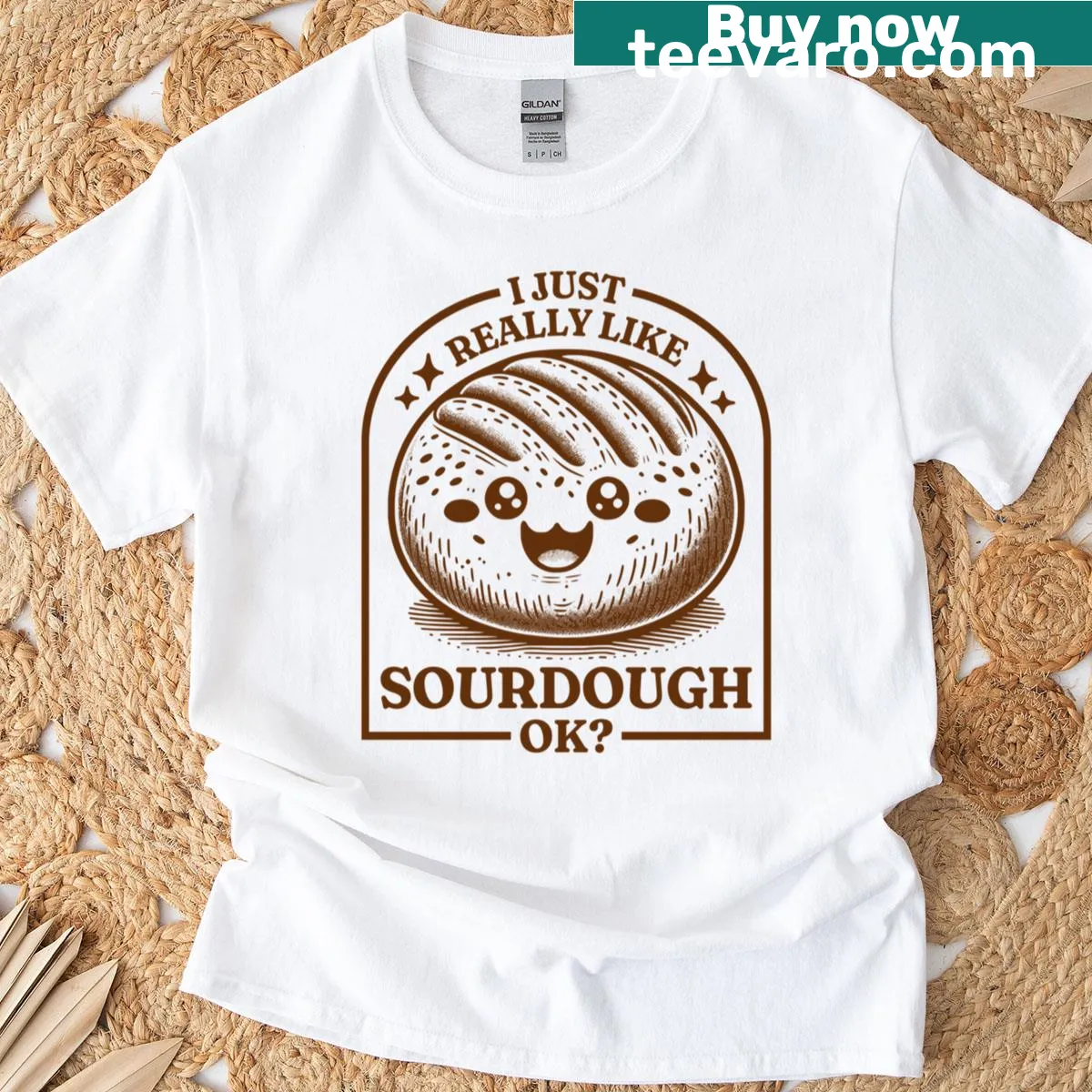Cute T-shirt featuring kawaii sourdough bread graphic — on a men's t-shirt