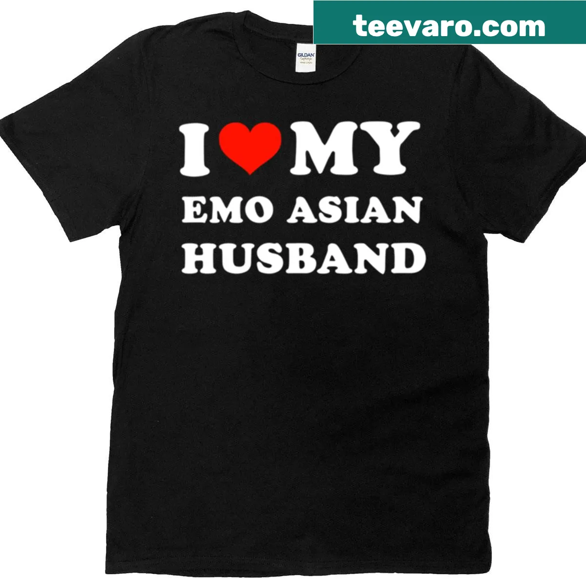 Text-based design: 'I Love My Emo Asian Husband' — on a men's t-shirt