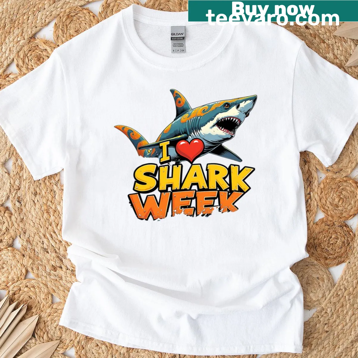 Oversized Shark Week t-shirt with fierce retro shark graphic — on a men's t-shirt