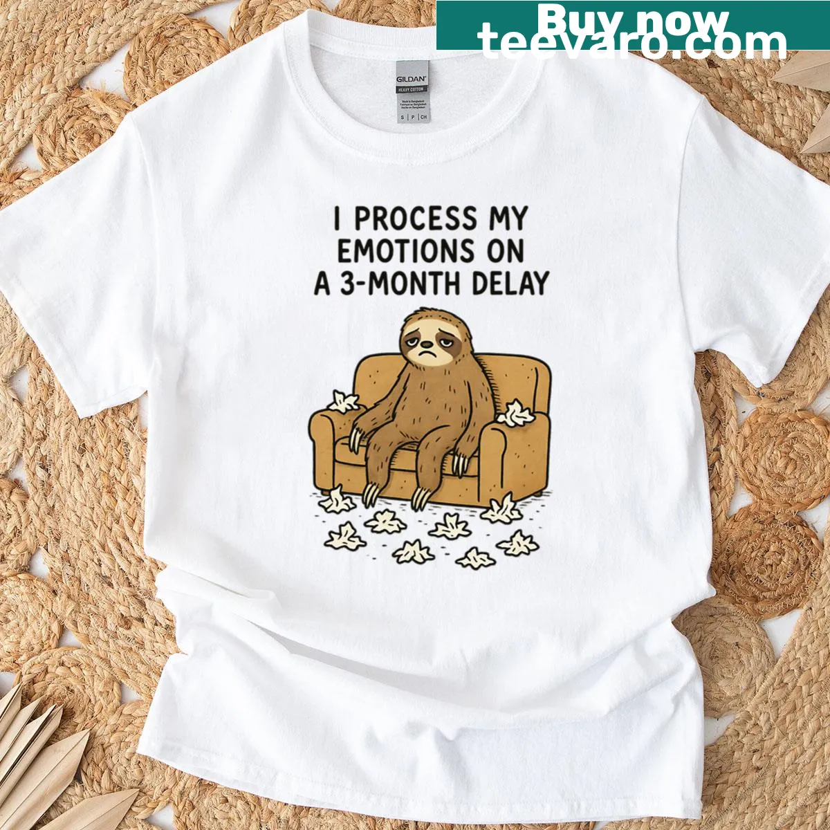 Oversized sloth t-shirt with the text about processing emotions slowly — on a men's t-shirt