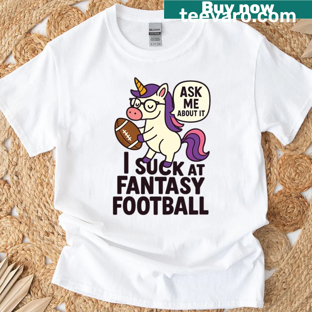 Funny fantasy football loser t-shirt with a unicorn and playful text — on a men's t-shirt