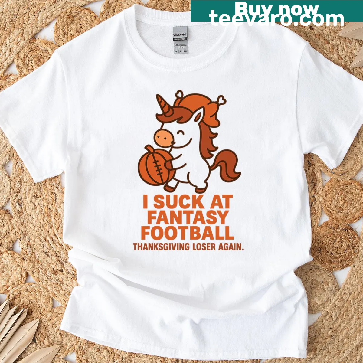 Thanksgiving themed fantasy football unicorn t-shirt with humorous text — on a men's t-shirt