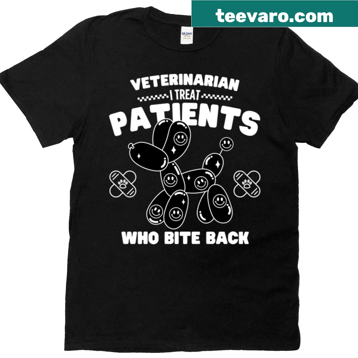 T-shirt with 'I Treat Patients Who Bite Back' in bold text — on a men's t-shirt