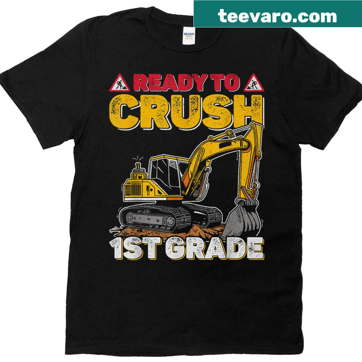 Retro t-shirt with excavator design and text 'I'm Ready To Crush 1st Grade' — on a men's t-shirt